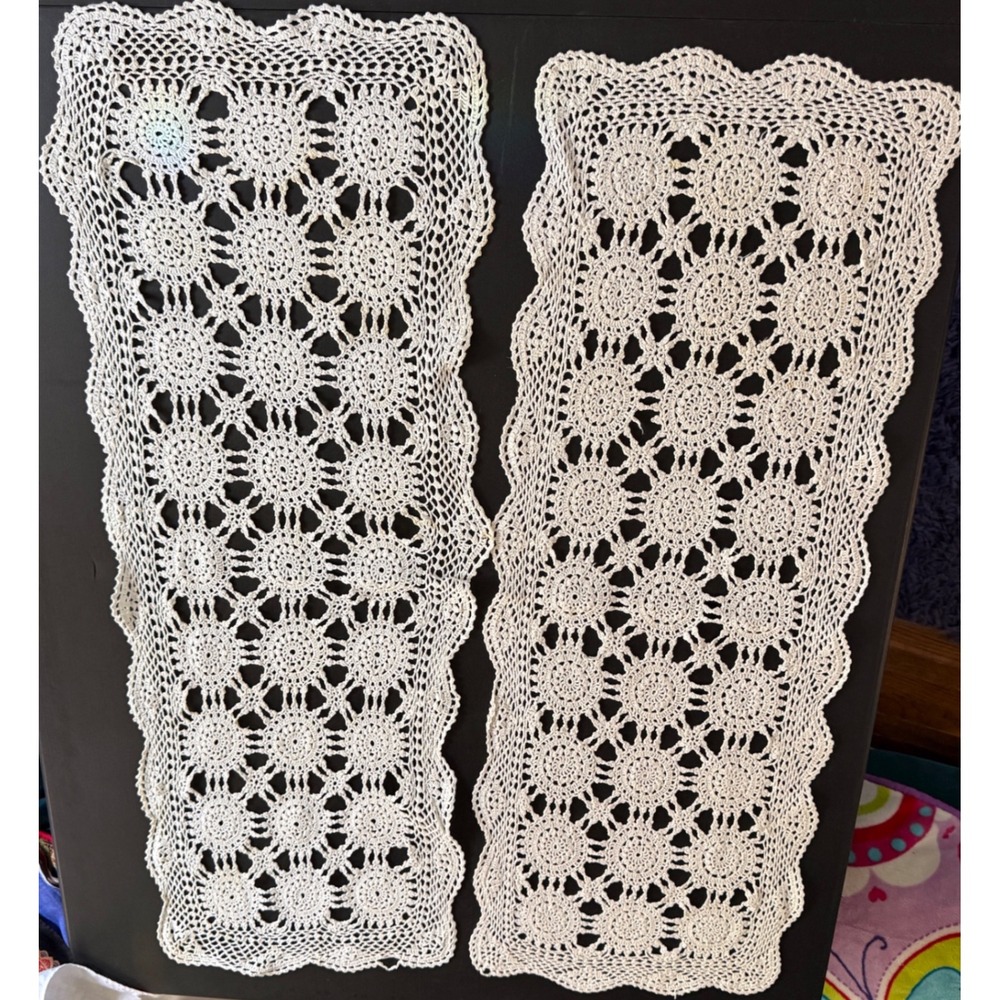 Vintage White Crochet Lace Table Runners Set of 2 Medallion Scalloped 34x12